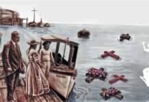 15 de noviembre de 1922- Masacre Obrera en Guayaquil Ilustración de la tradición de arrojar cruces y coronas para recordar a las víctimas del 15 de noviembre de 1922. Fuente: Twitter @MarcoAnibal