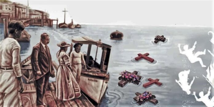 Ilustración de la tradición de arrojar cruces y coronas para recordar a las víctimas del 15 de noviembre de 1922. Fuente: Twitter @MarcoAnibal