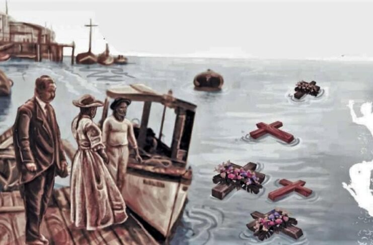 Ilustración de la tradición de arrojar cruces y coronas para recordar a las víctimas del 15 de noviembre de 1922. Fuente: Twitter @MarcoAnibal